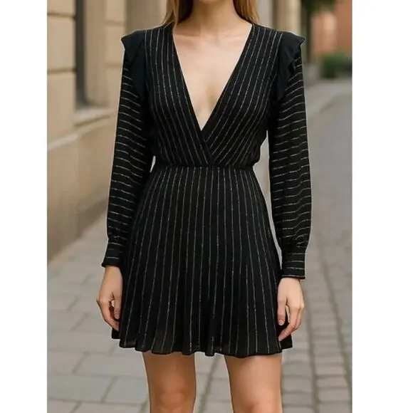 2/$30 ZARA Knit Gold Metallic Striped Fit and Flare Skimmer Dress Black #A0669 - Picture 3 of 9